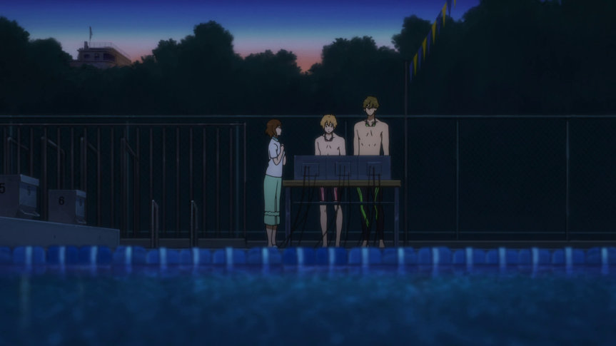 Makoto and Nagisa explaining the relevance of timing accuracy for the relay. The risk is disqualification if they move before the other person as issued by their teacher but they explain to her that even with that risk they need to work on their timing as best as they can. Part pressure but a weight shared by all.